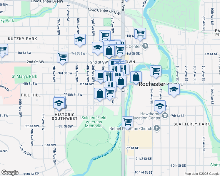 map of restaurants, bars, coffee shops, grocery stores, and more near 409 1st Avenue Southwest in Rochester