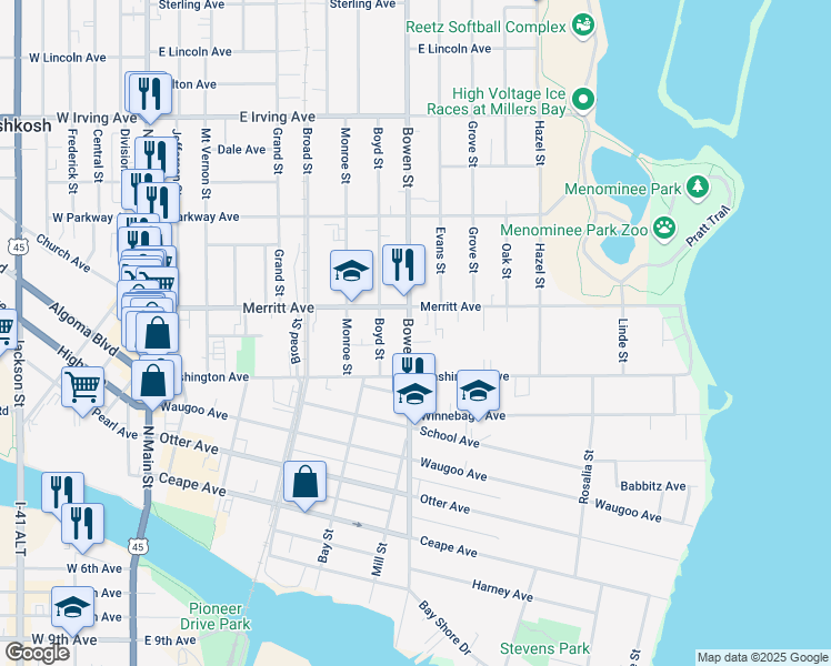 map of restaurants, bars, coffee shops, grocery stores, and more near 440 Bowen Street in Oshkosh