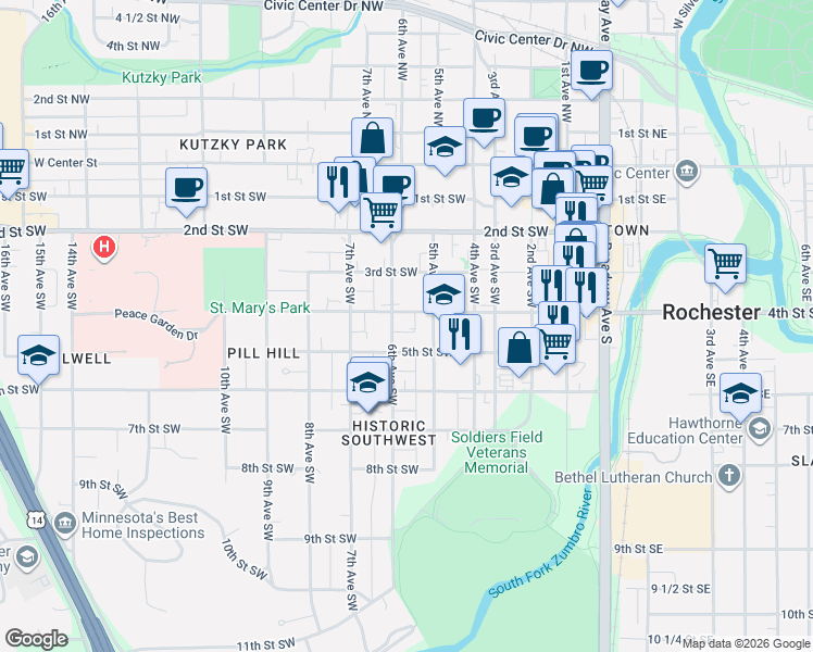 map of restaurants, bars, coffee shops, grocery stores, and more near 518 4th Street Southwest in Rochester