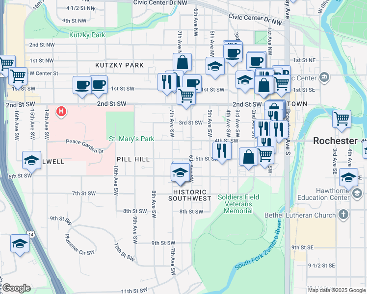 map of restaurants, bars, coffee shops, grocery stores, and more near 600 4th Street Southwest in Rochester