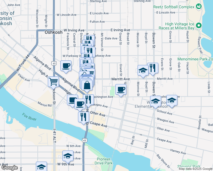 map of restaurants, bars, coffee shops, grocery stores, and more near 212 Northwestern Avenue in Oshkosh