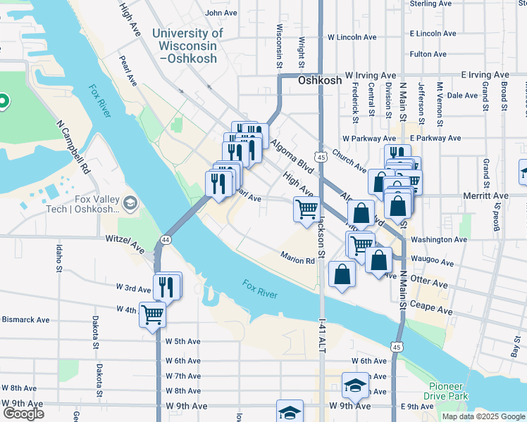 map of restaurants, bars, coffee shops, grocery stores, and more near 75C Dawes Street in Oshkosh