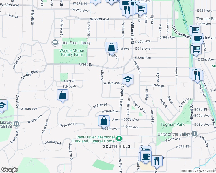 map of restaurants, bars, coffee shops, grocery stores, and more near 3430 McMillan Street in Eugene