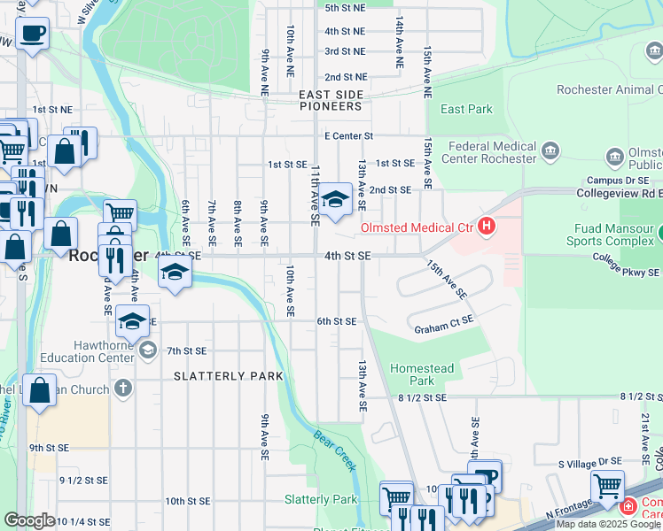 map of restaurants, bars, coffee shops, grocery stores, and more near 1116 4th St SE in Rochester