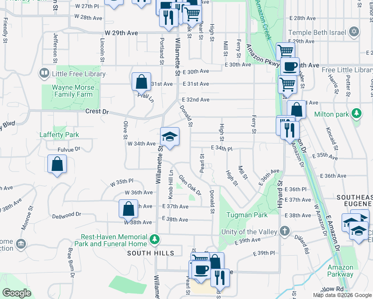 map of restaurants, bars, coffee shops, grocery stores, and more near 3456 Donald Street in Eugene