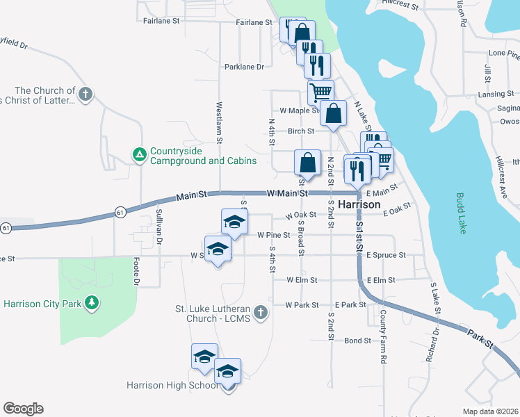 map of restaurants, bars, coffee shops, grocery stores, and more near 348 West Oak Street in Harrison