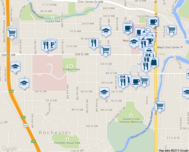 map of restaurants, bars, coffee shops, grocery stores, and more near 706 4th Street Southwest in Rochester