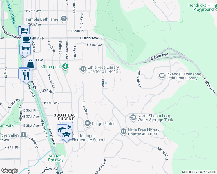 map of restaurants, bars, coffee shops, grocery stores, and more near 3451 Agate Street in Eugene