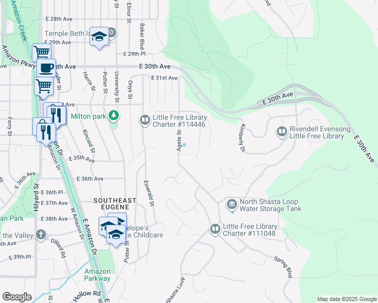 map of restaurants, bars, coffee shops, grocery stores, and more near Agate Street in Eugene