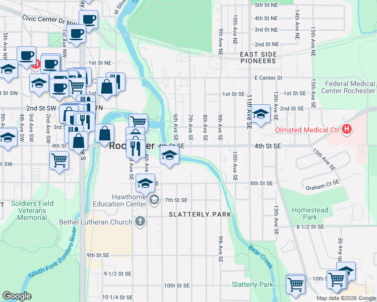 map of restaurants, bars, coffee shops, grocery stores, and more near 405 7th Avenue Southeast in Rochester