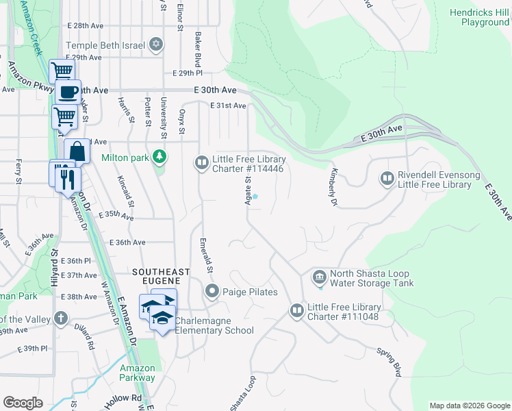 map of restaurants, bars, coffee shops, grocery stores, and more near 3451 Agate Street in Eugene