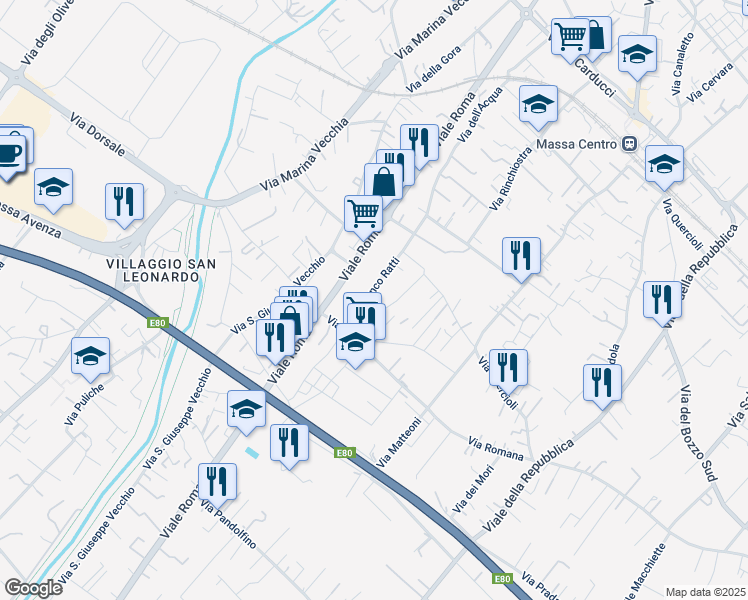 map of restaurants, bars, coffee shops, grocery stores, and more near 16 Via Franco Ratti in Massa