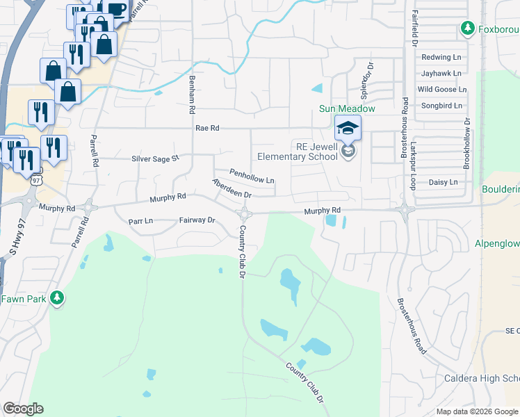 map of restaurants, bars, coffee shops, grocery stores, and more near 20402 Murphy Road in Bend