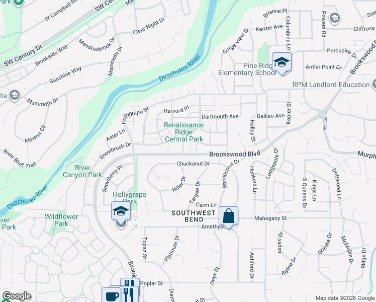 map of restaurants, bars, coffee shops, grocery stores, and more near 61102 Aspen Rim Lane in Bend
