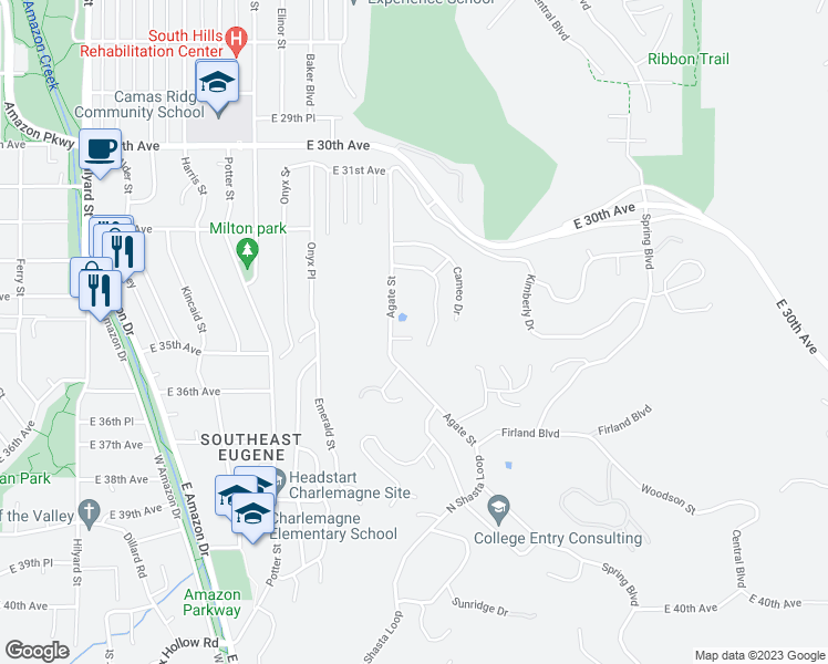 map of restaurants, bars, coffee shops, grocery stores, and more near 3451 Agate Street in Eugene