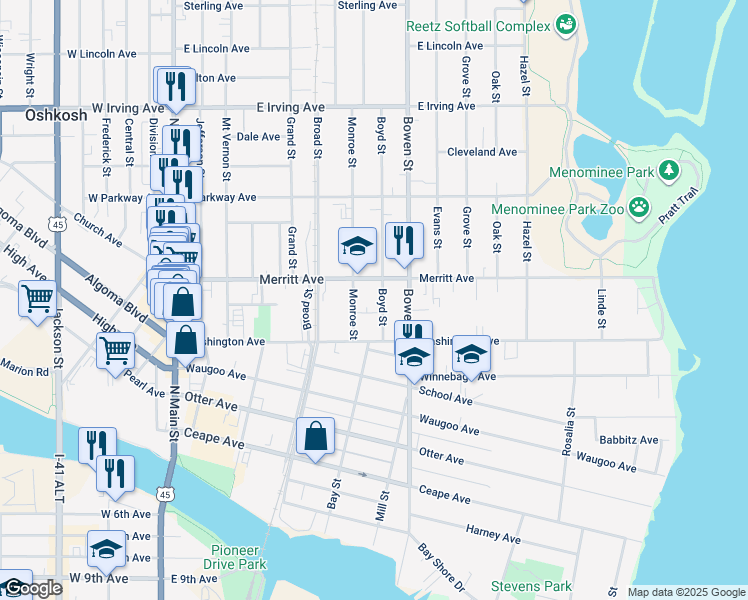 map of restaurants, bars, coffee shops, grocery stores, and more near 448 Boyd Street in Oshkosh