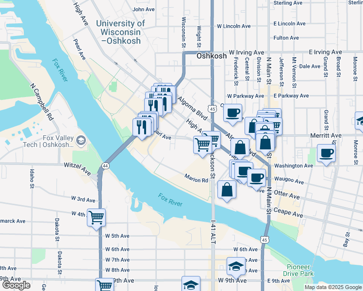 map of restaurants, bars, coffee shops, grocery stores, and more near 495 Pearl Avenue in Oshkosh