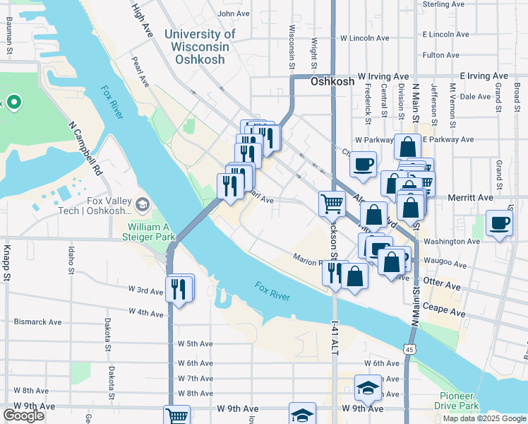map of restaurants, bars, coffee shops, grocery stores, and more near 75C Dawes Street in Oshkosh
