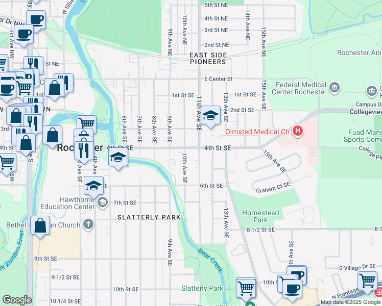 map of restaurants, bars, coffee shops, grocery stores, and more near 1012 4th Street Southeast in Rochester