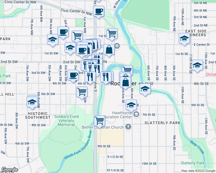 map of restaurants, bars, coffee shops, grocery stores, and more near in Rochester