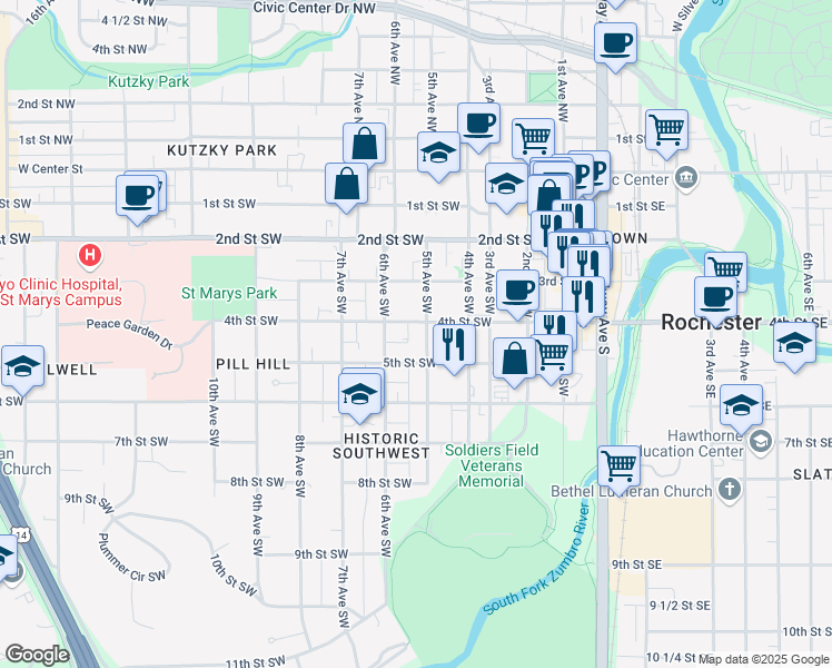 map of restaurants, bars, coffee shops, grocery stores, and more near 518 4th Street Southwest in Rochester