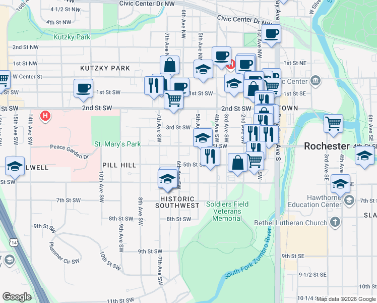map of restaurants, bars, coffee shops, grocery stores, and more near 518 4th Street Southwest in Rochester