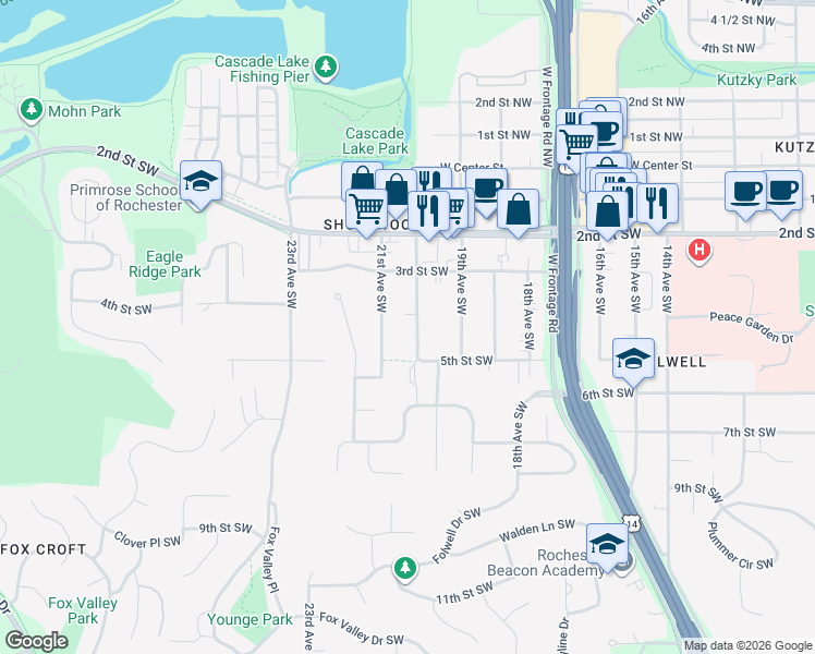 map of restaurants, bars, coffee shops, grocery stores, and more near 409 20th Avenue Southwest in Rochester
