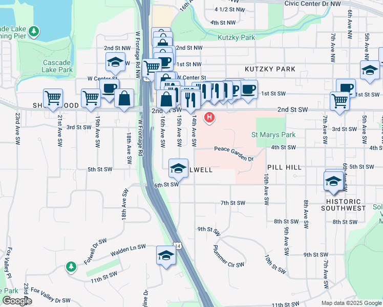 map of restaurants, bars, coffee shops, grocery stores, and more near 421 14th Avenue Southwest in Rochester