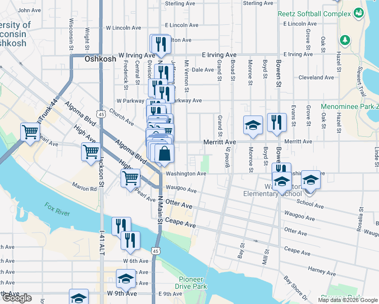 map of restaurants, bars, coffee shops, grocery stores, and more near 450 Mount Vernon Street in Oshkosh