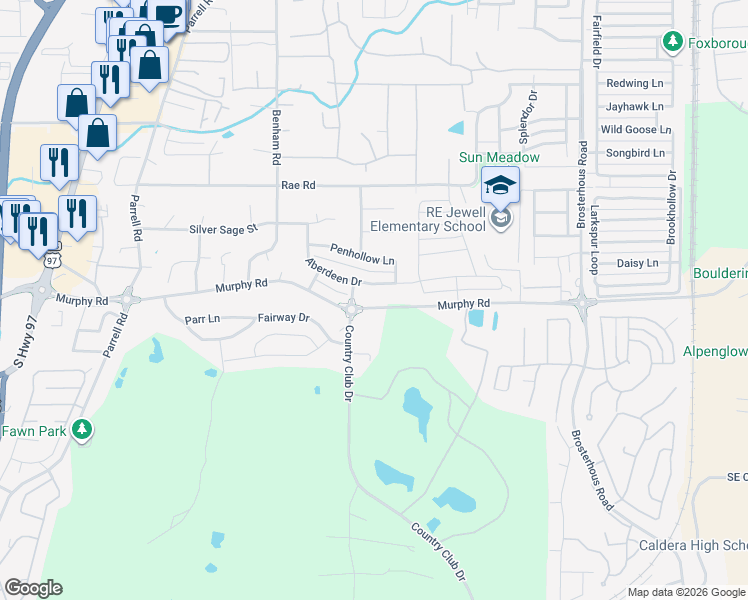 map of restaurants, bars, coffee shops, grocery stores, and more near 20402 Murphy Road in Bend