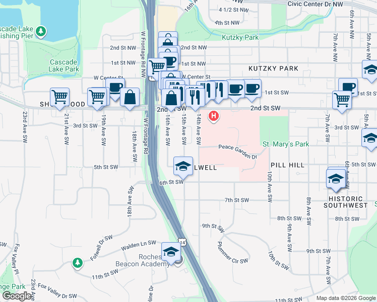 map of restaurants, bars, coffee shops, grocery stores, and more near 411 15th Avenue Southwest in Rochester