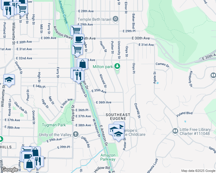 map of restaurants, bars, coffee shops, grocery stores, and more near 3473 Kincaid Street in Eugene
