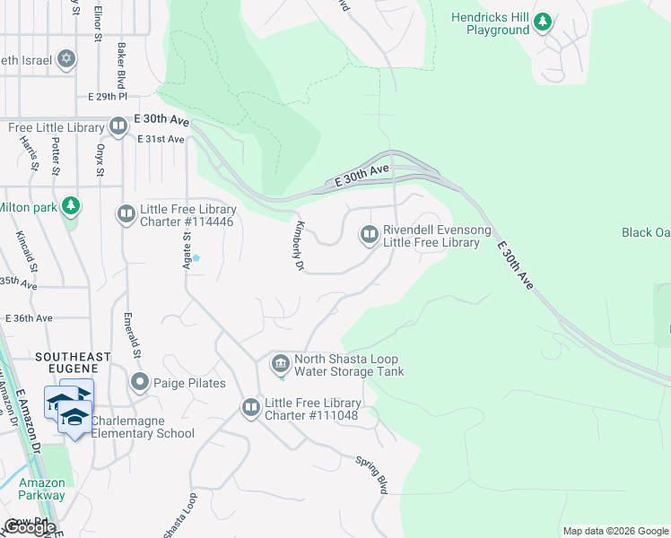 map of restaurants, bars, coffee shops, grocery stores, and more near 1993 Kimberly Drive in Eugene