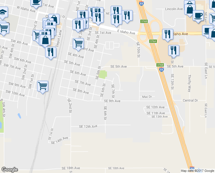 map of restaurants, bars, coffee shops, grocery stores, and more near 666 Southeast 6th Street in Ontario