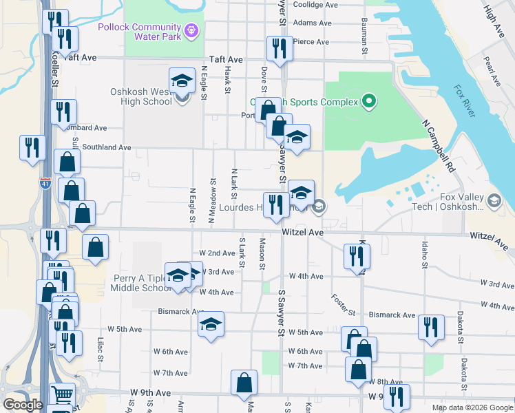map of restaurants, bars, coffee shops, grocery stores, and more near 1304 Faust Avenue in Oshkosh