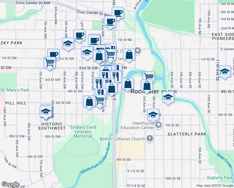 map of restaurants, bars, coffee shops, grocery stores, and more near 400 Broadway Avenue South in Rochester