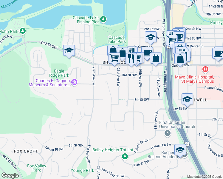 map of restaurants, bars, coffee shops, grocery stores, and more near 452 22nd Avenue Southwest in Rochester