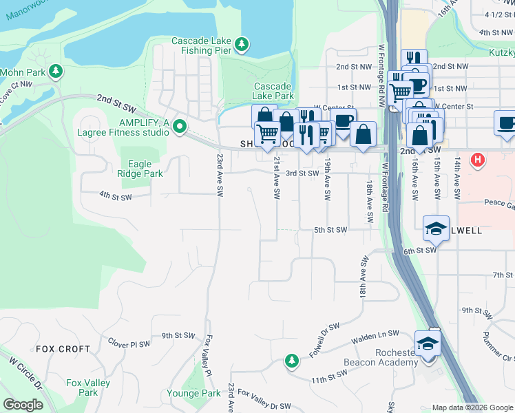 map of restaurants, bars, coffee shops, grocery stores, and more near 452 22nd Avenue Southwest in Rochester