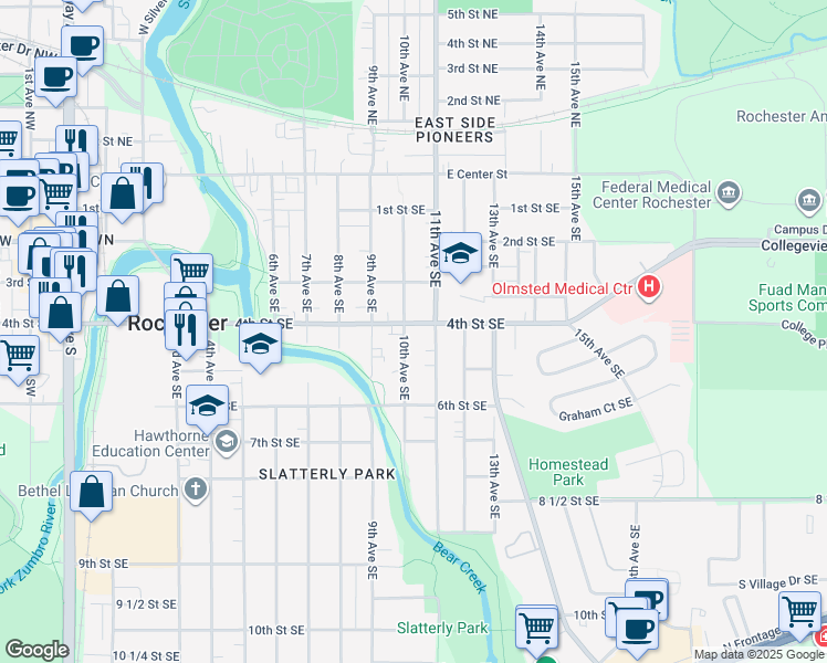 map of restaurants, bars, coffee shops, grocery stores, and more near 1008 4th Street Southeast in Rochester