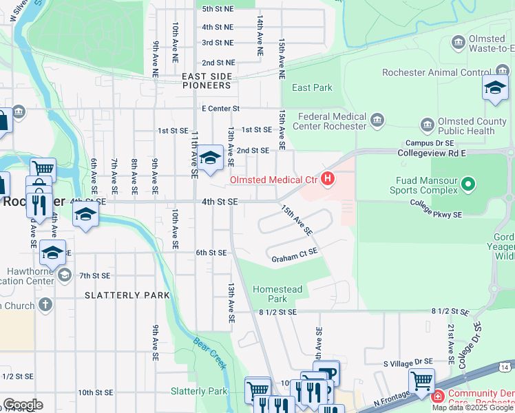 map of restaurants, bars, coffee shops, grocery stores, and more near 1408 4th Street Southeast in Rochester