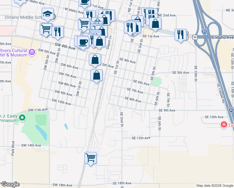 map of restaurants, bars, coffee shops, grocery stores, and more near 795 SE 2nd St in Ontario