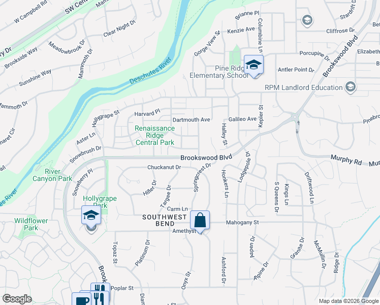 map of restaurants, bars, coffee shops, grocery stores, and more near 19749 Aspen Meadows Drive in Bend