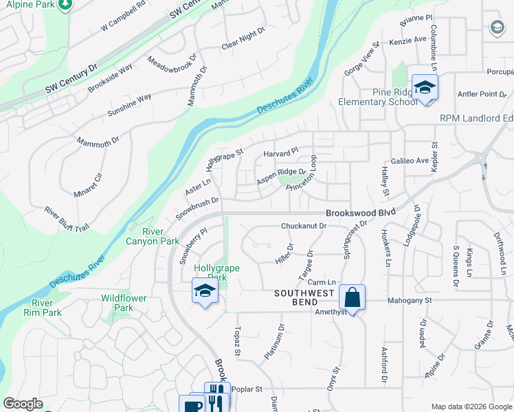 map of restaurants, bars, coffee shops, grocery stores, and more near 61162 Snowbrush Drive in Bend