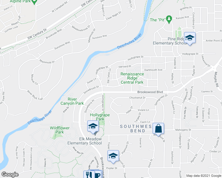 map of restaurants, bars, coffee shops, grocery stores, and more near 61162 Snowbrush Drive in Bend