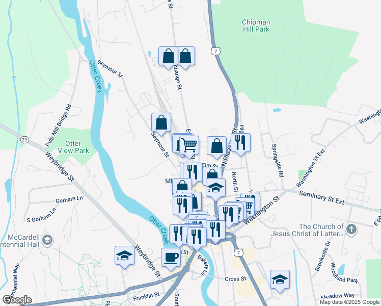 map of restaurants, bars, coffee shops, grocery stores, and more near 34 Exchange Street in Middlebury