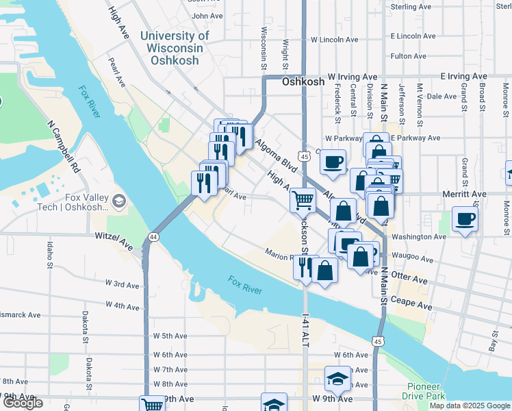 map of restaurants, bars, coffee shops, grocery stores, and more near 495 Pearl Avenue in Oshkosh