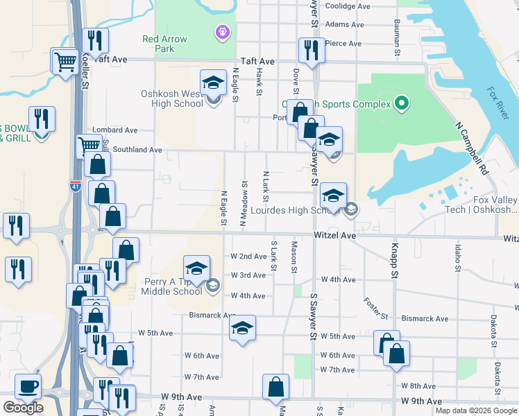 map of restaurants, bars, coffee shops, grocery stores, and more near 145 North Lark Street in Oshkosh