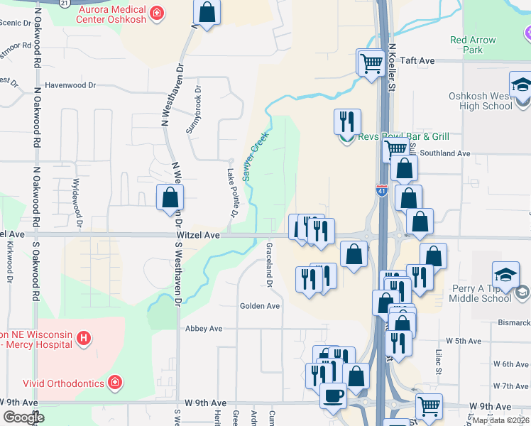 map of restaurants, bars, coffee shops, grocery stores, and more near 165 Westbrook Drive in Oshkosh