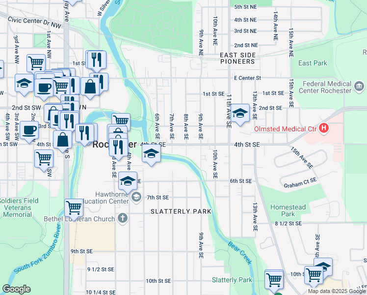 map of restaurants, bars, coffee shops, grocery stores, and more near 724 4th Street Southeast in Rochester
