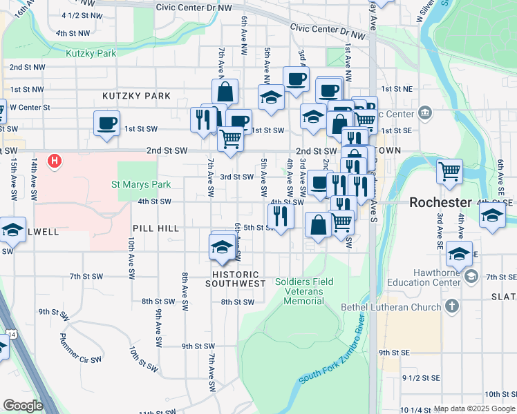map of restaurants, bars, coffee shops, grocery stores, and more near 518 4th Street Southwest in Rochester